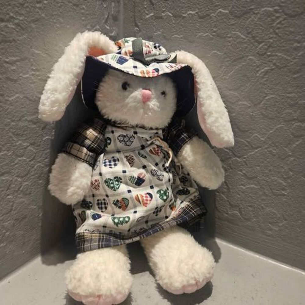 Plush Bunny in Heart Print Dress and Hat